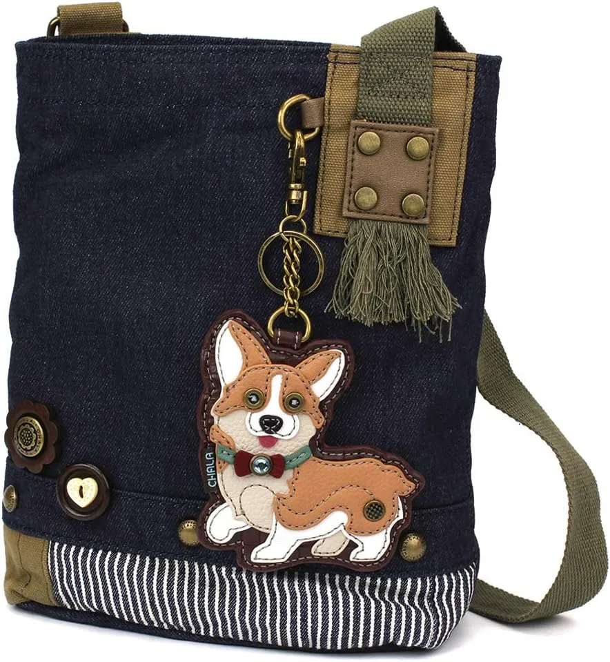 Chala Corgi Patch Cross-Body Canvas Messenger Bag with Corgi Key fob