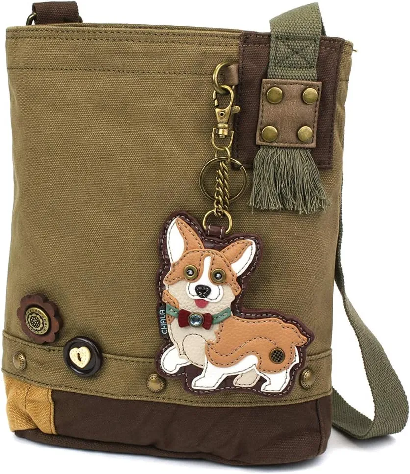 Chala Corgi Patch Cross-Body Canvas Messenger Bag with Corgi Key fob