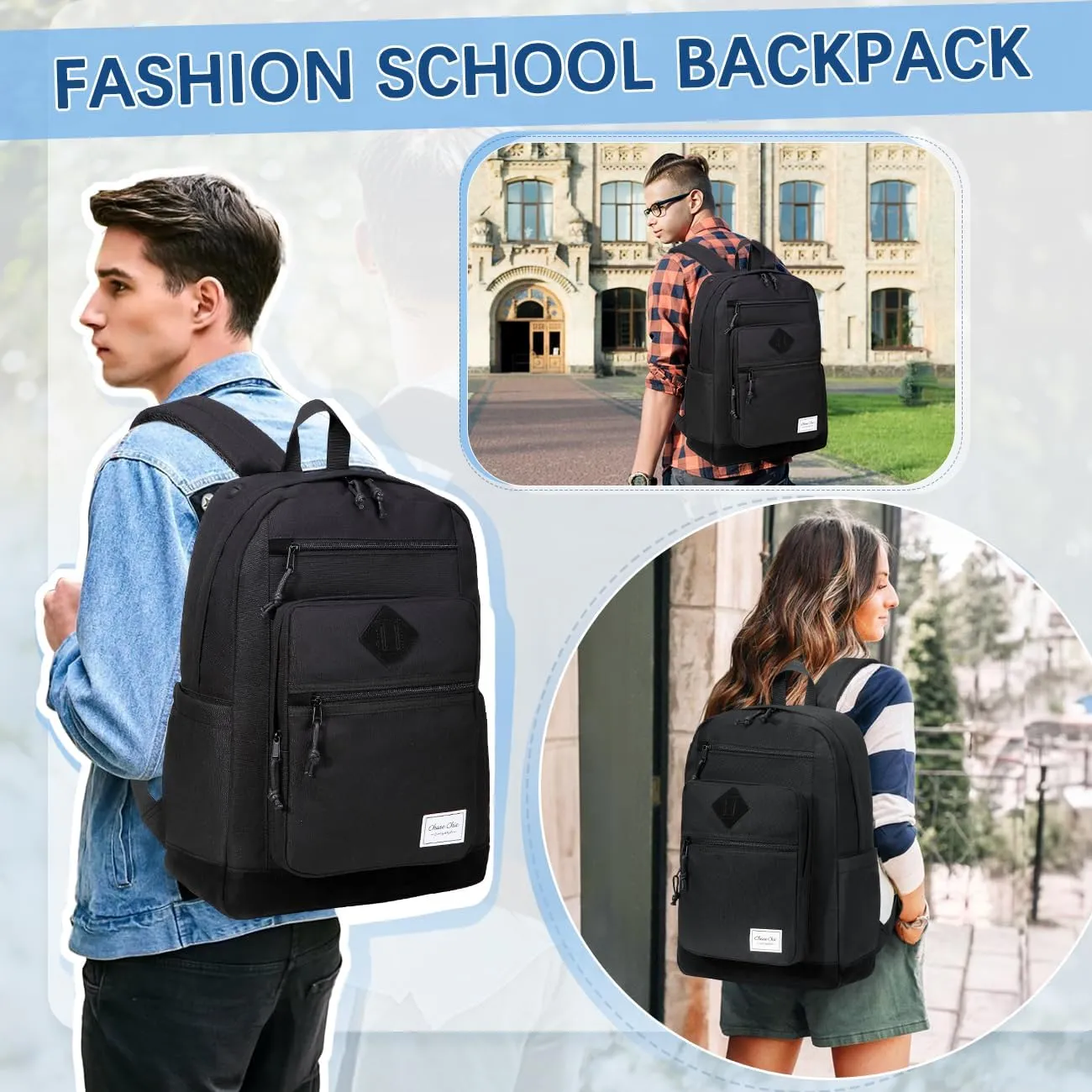 Chase Chic School Backpack for Men Women,Water Resistant Bookbag/Schoolbag/Daypack for Teen Boys Girls High School,College,Work,Travel All Black