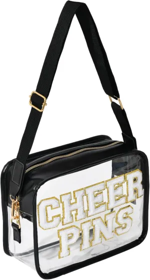 Cheerleader Pins Set, Clear Cheer Pins Bag with chenille 'CHEER PINS' lettering, 'PIN ME' Ribbon for Backpack, Cheerleading clip peg holder. (Bag Only-White Letters)
