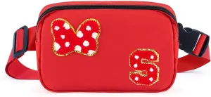 Chenille Initial Letter Bow Mouse Fanny Pack, Waterproof Park Crossbody Bag Christmas Birthday Gifts for Teen Girls Daughter Women Kids Adults, Cute Belt Bag Must Haves for Park Travel (S, Red)