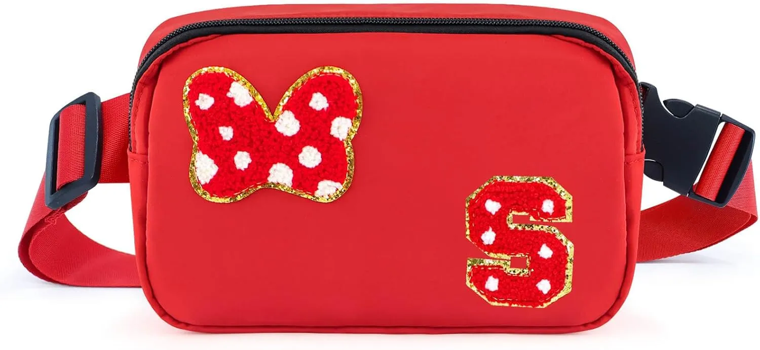 Chenille Initial Letter Bow Mouse Fanny Pack, Waterproof Park Crossbody Bag Christmas Birthday Gifts for Teen Girls Daughter Women Kids Adults, Cute Belt Bag Must Haves for Park Travel (S, Red)