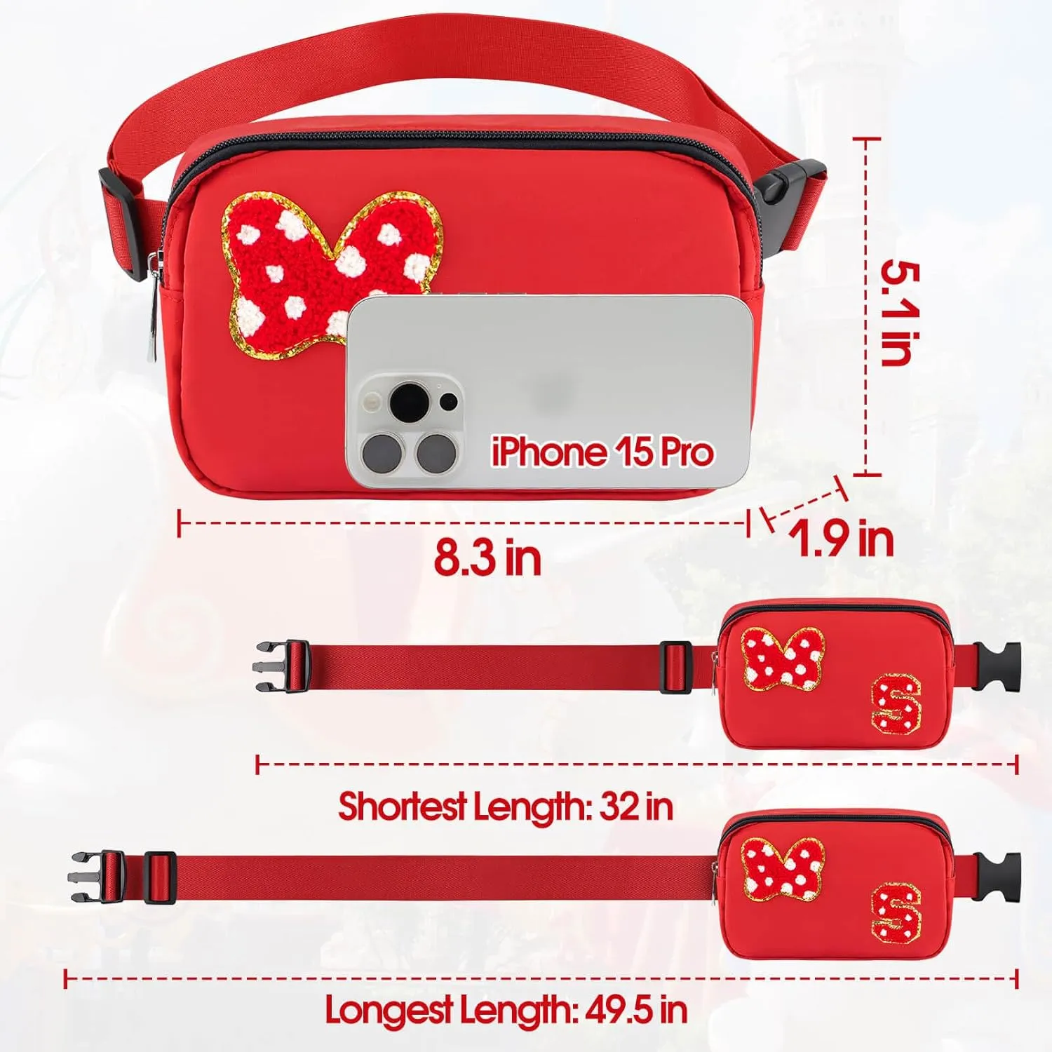 Chenille Initial Letter Bow Mouse Fanny Pack, Waterproof Park Crossbody Bag Christmas Birthday Gifts for Teen Girls Daughter Women Kids Adults, Cute Belt Bag Must Haves for Park Travel (S, Red)
