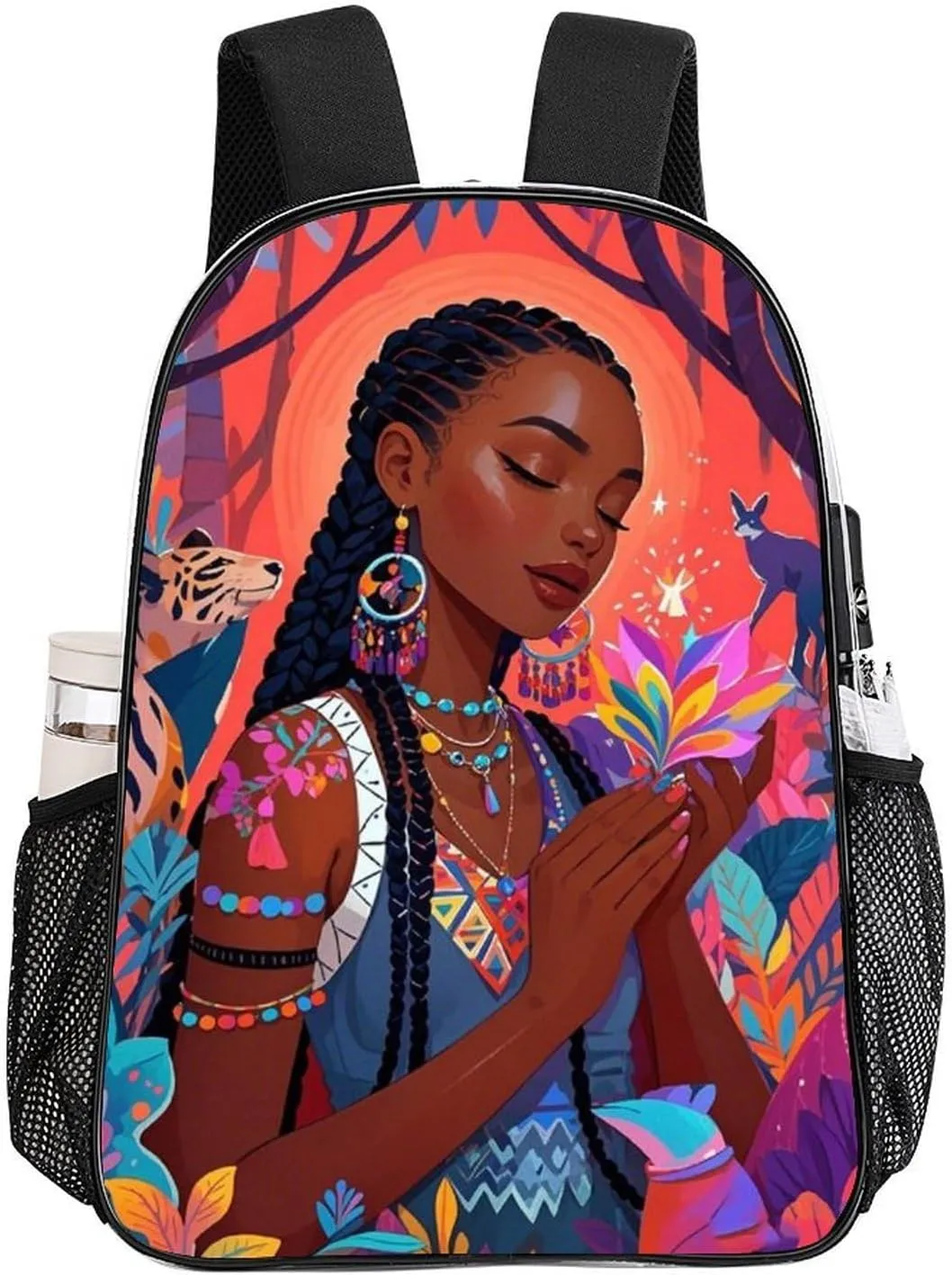 Chic Cartoon Woman African American Black Women Art Rucksack Transparent Anti-Theft Multipurpose Bookbag Big Capacity Travel and Sport Backpack Rucksack With Side Pockets
