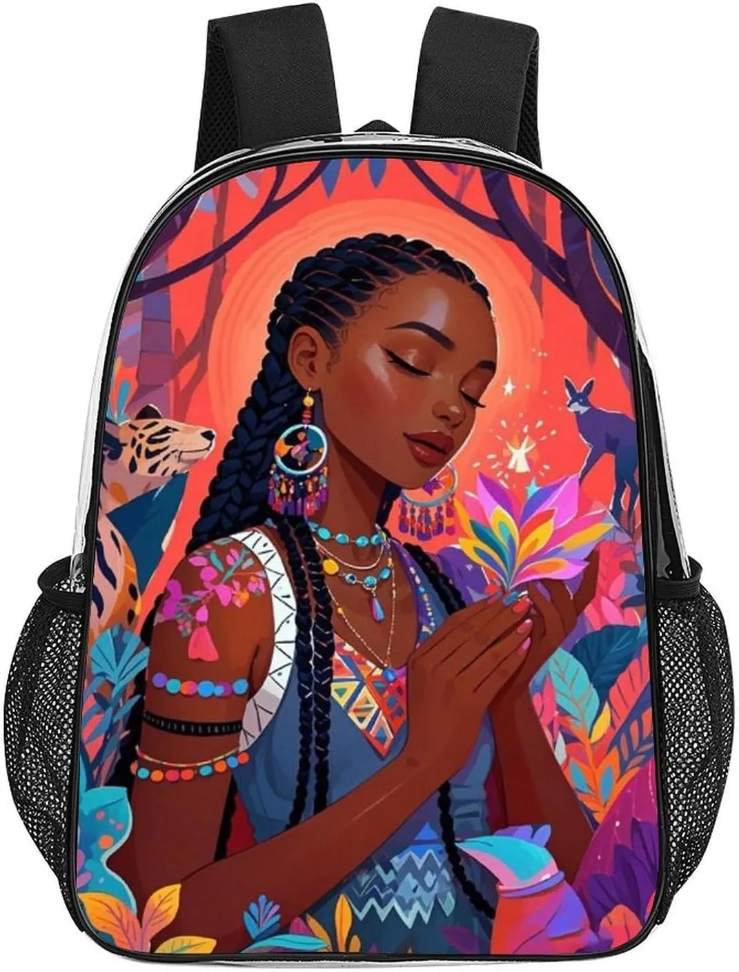 Chic Cartoon Woman African American Black Women Art Rucksack Transparent Anti-Theft Multipurpose Bookbag Big Capacity Travel and Sport Backpack Rucksack With Side Pockets