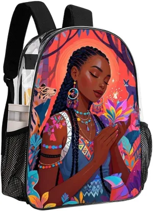 Chic Cartoon Woman African American Black Women Art Rucksack Transparent Anti-Theft Multipurpose Bookbag Big Capacity Travel and Sport Backpack Rucksack With Side Pockets