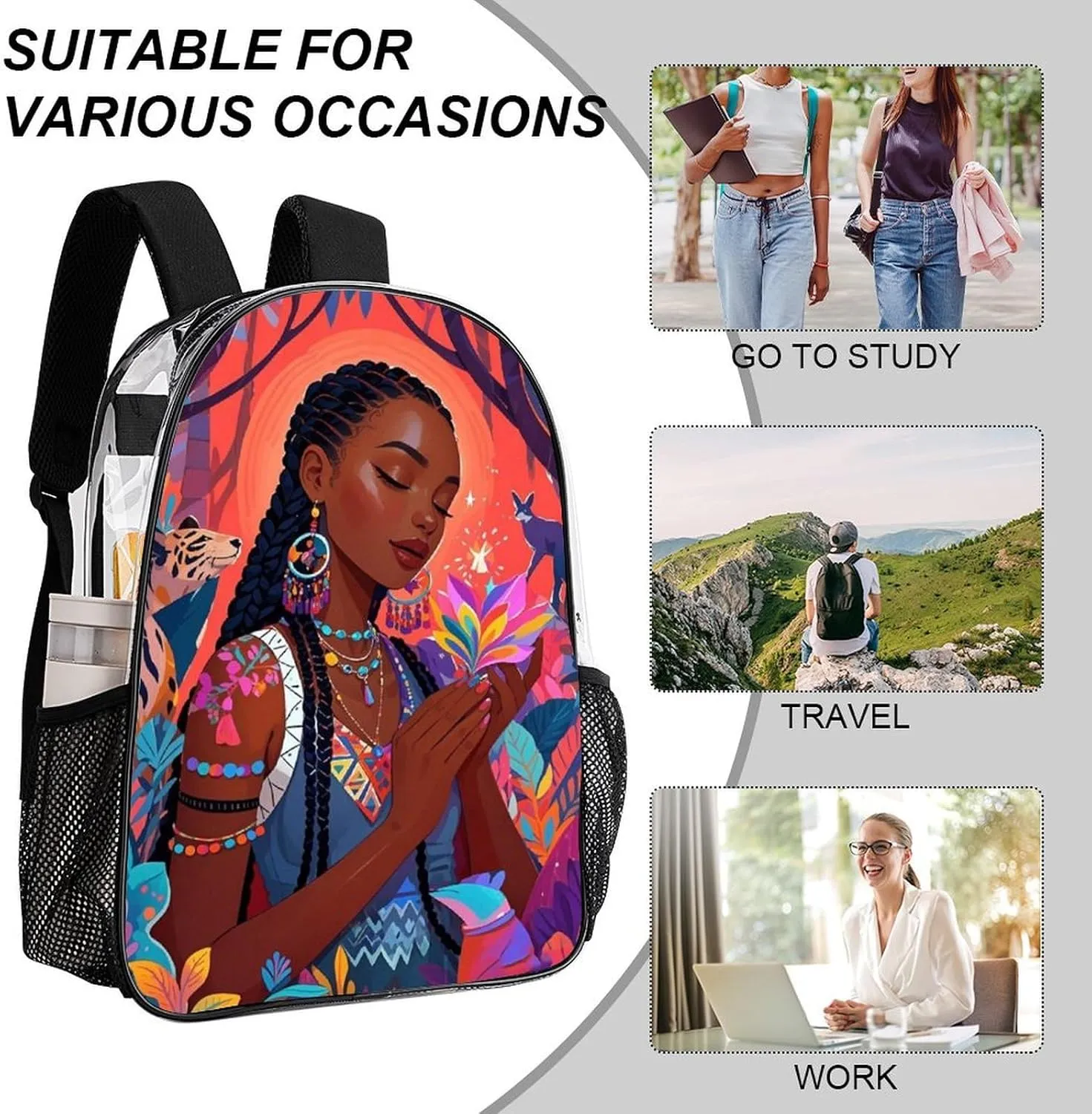 Chic Cartoon Woman African American Black Women Art Rucksack Transparent Anti-Theft Multipurpose Bookbag Big Capacity Travel and Sport Backpack Rucksack With Side Pockets