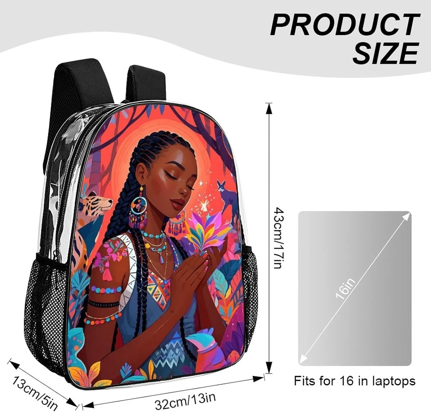 Chic Cartoon Woman African American Black Women Art Rucksack Transparent Anti-Theft Multipurpose Bookbag Big Capacity Travel and Sport Backpack Rucksack With Side Pockets