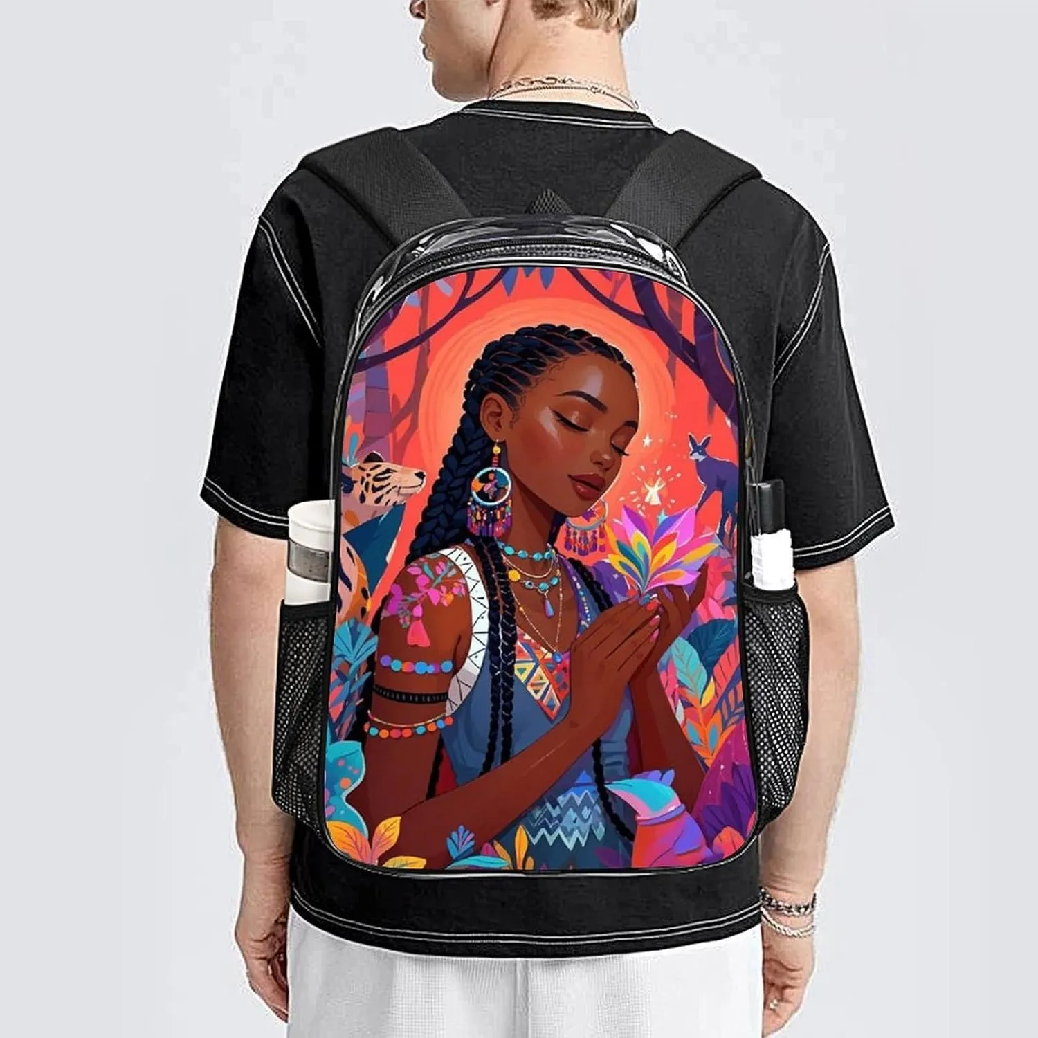 Chic Cartoon Woman African American Black Women Art Rucksack Transparent Anti-Theft Multipurpose Bookbag Big Capacity Travel and Sport Backpack Rucksack With Side Pockets