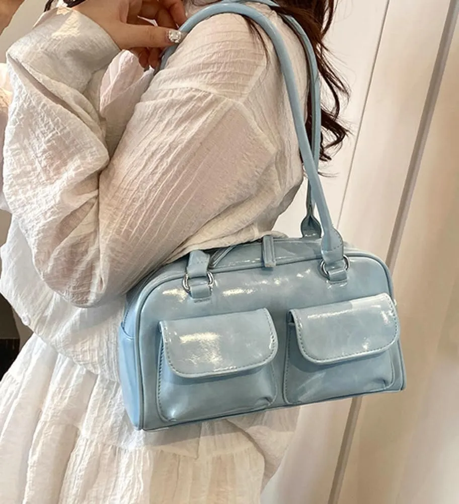 Chic Shoulder Bag for Women Glossy PU Leather Purses Fashion Small Tote Handbag Y2k Top Handle Satchel