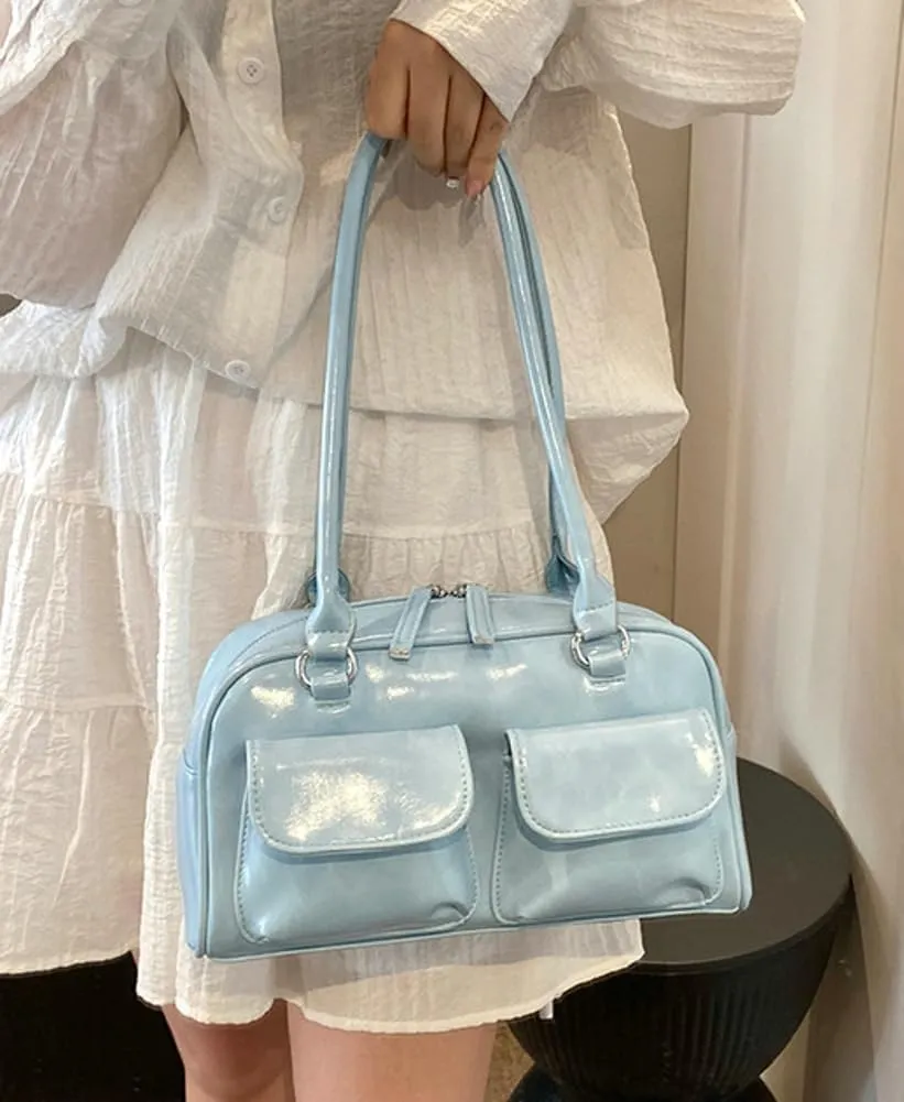 Chic Shoulder Bag for Women Glossy PU Leather Purses Fashion Small Tote Handbag Y2k Top Handle Satchel