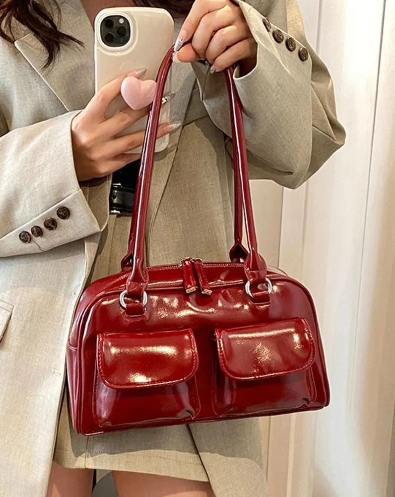 Chic Shoulder Bag for Women Glossy PU Leather Purses Fashion Small Tote Handbag Y2k Top Handle Satchel