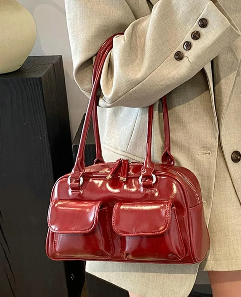 Chic Shoulder Bag for Women Glossy PU Leather Purses Fashion Small Tote Handbag Y2k Top Handle Satchel