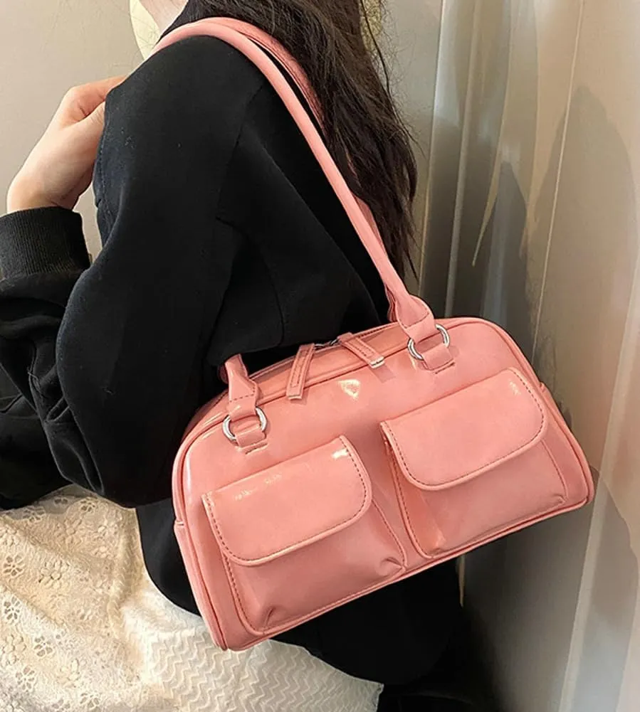 Chic Shoulder Bag for Women Glossy PU Leather Purses Fashion Small Tote Handbag Y2k Top Handle Satchel