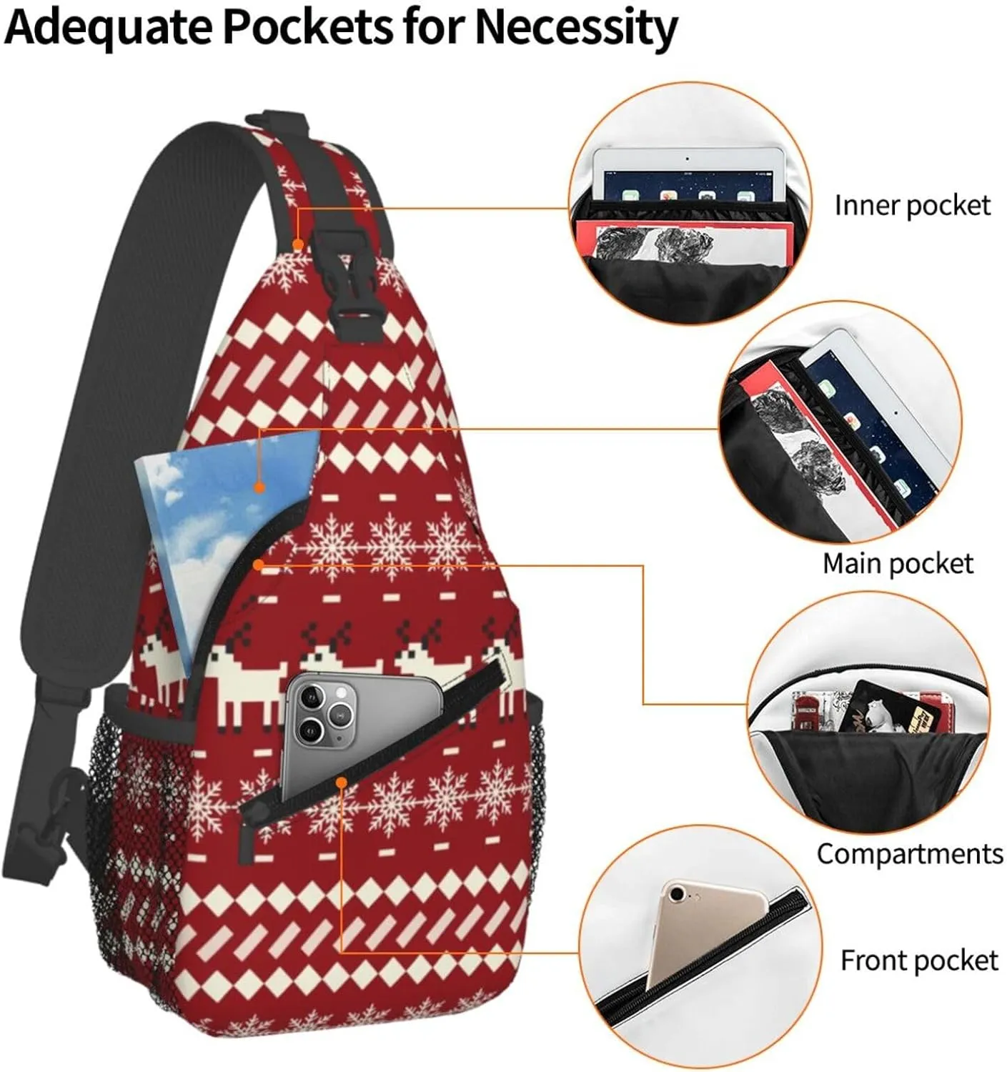 Christmas Reindeer Snowflake Crossbody Bags Cross Men Chest Bag Adjustable Sling Backpack Shoulder Bag For Women Cycling Travel Sport Hiking