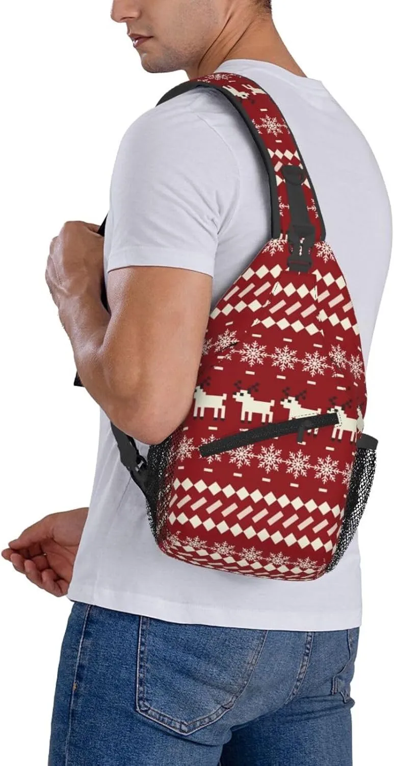 Christmas Reindeer Snowflake Crossbody Bags Cross Men Chest Bag Adjustable Sling Backpack Shoulder Bag For Women Cycling Travel Sport Hiking