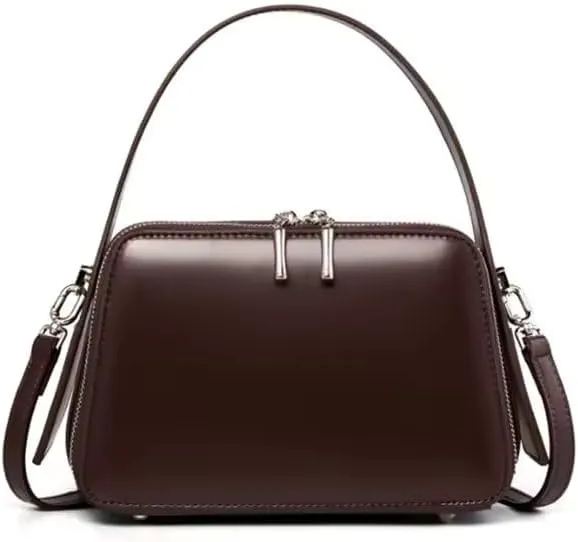 Classic Leather Crossbody Handbag, Top Handle Purse, Dark Brown