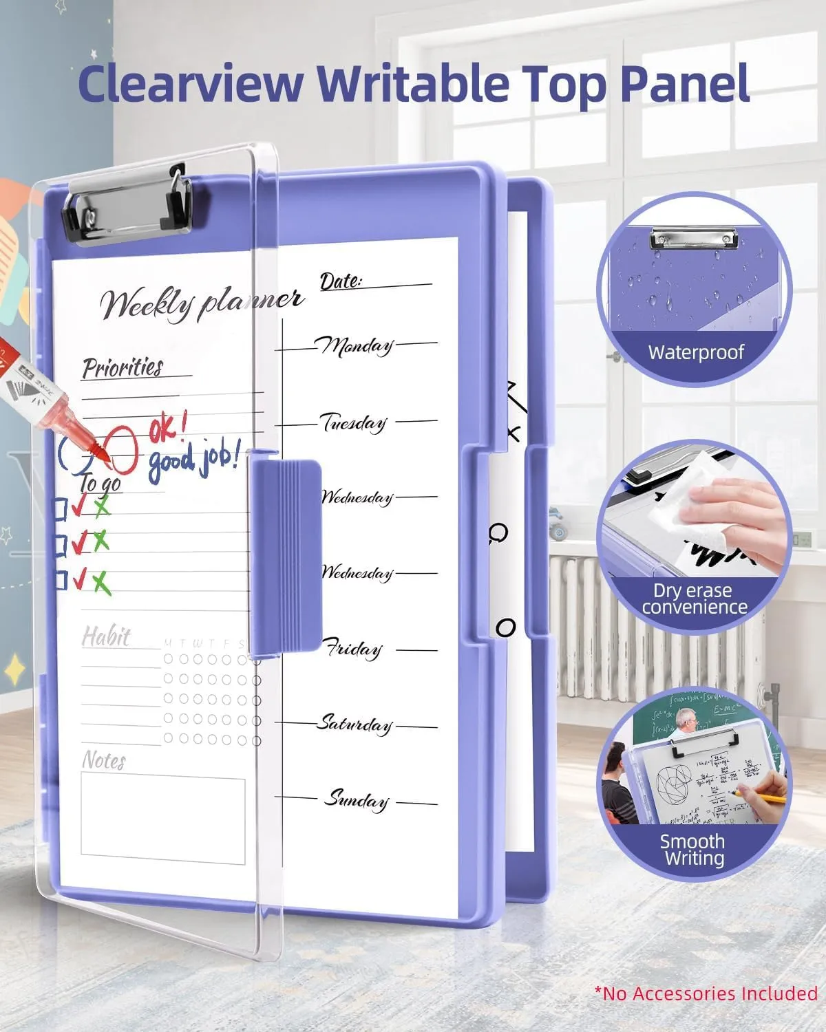 Clearview Clipboard with 2 Storage, Dry Erase 8.5x11 Heavy Duty ClipBoards - High Capacity Coaches Clip Board with Pen Holder - Side Opening Plastic Nursing Clip Case (Light Purple)