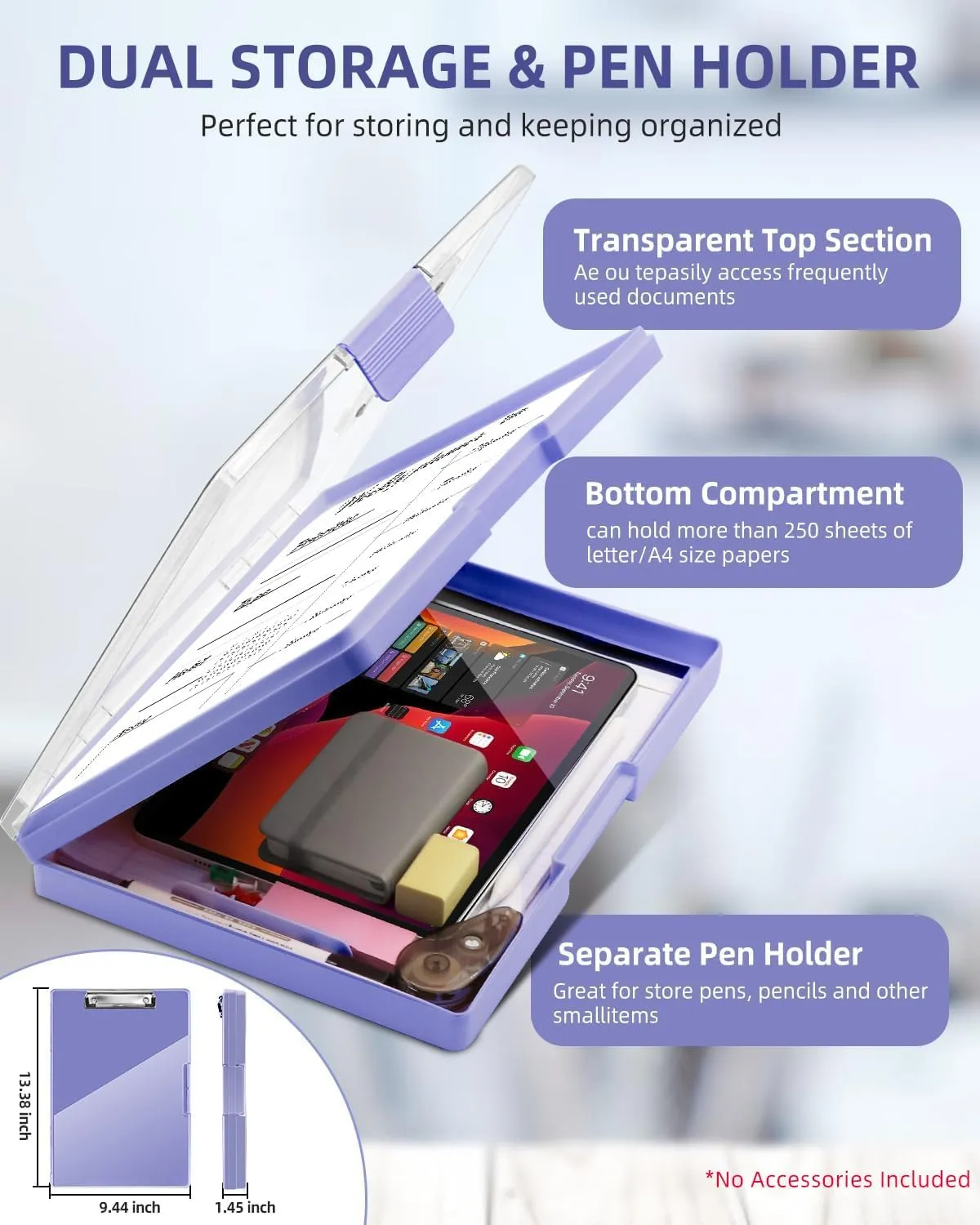 Clearview Clipboard with 2 Storage, Dry Erase 8.5x11 Heavy Duty ClipBoards - High Capacity Coaches Clip Board with Pen Holder - Side Opening Plastic Nursing Clip Case (Light Purple)