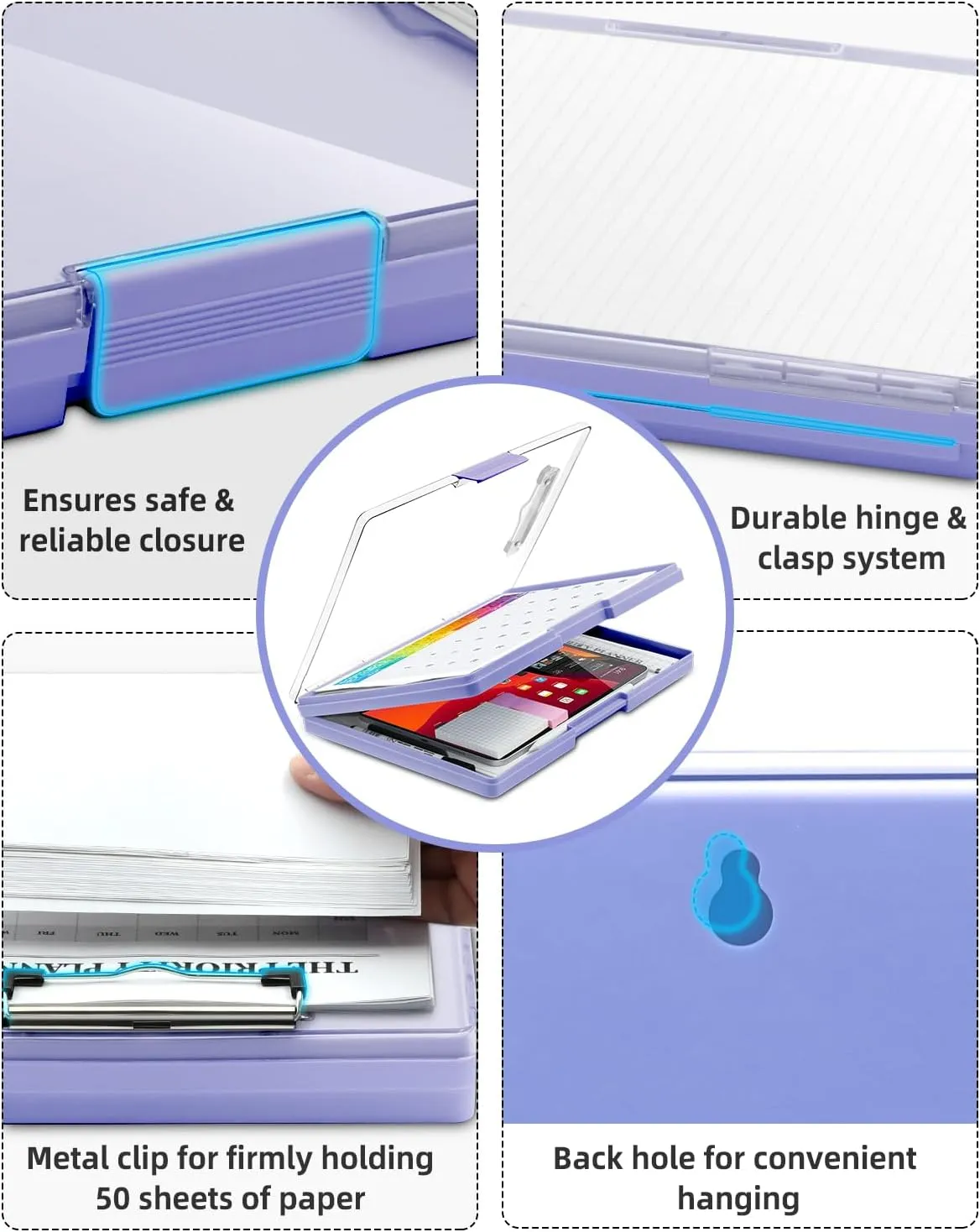 Clearview Clipboard with 2 Storage, Dry Erase 8.5x11 Heavy Duty ClipBoards - High Capacity Coaches Clip Board with Pen Holder - Side Opening Plastic Nursing Clip Case (Light Purple)