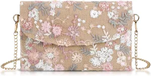 Clutch Purses for Women, Envelope Package, Sequin Embroidered Flowers Straw Bag, Bohemian Handmade Handbags