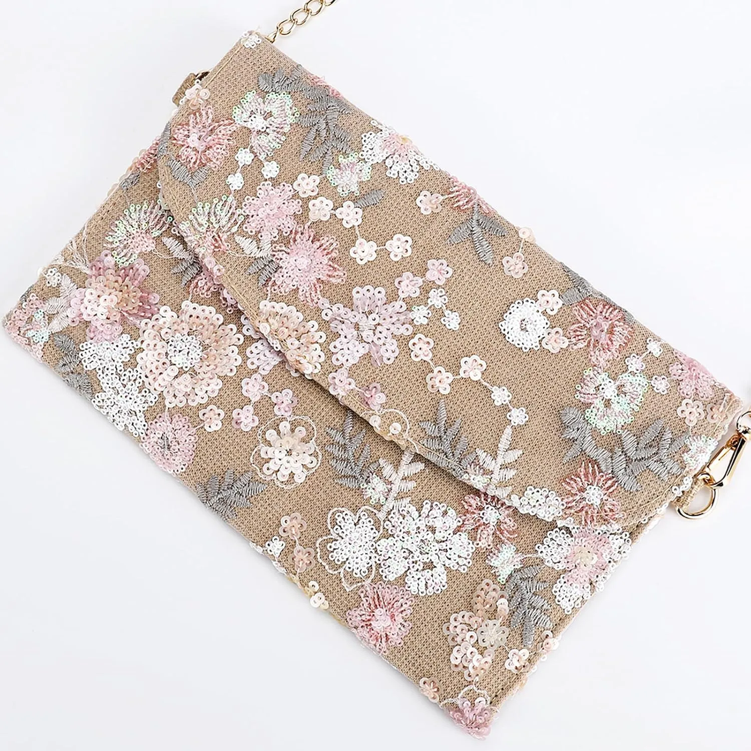 Clutch Purses for Women, Envelope Package, Sequin Embroidered Flowers Straw Bag, Bohemian Handmade Handbags