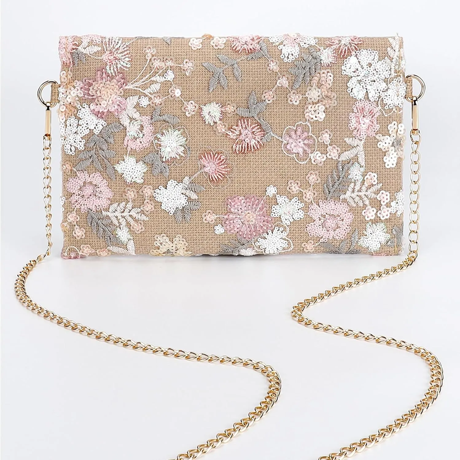 Clutch Purses for Women, Envelope Package, Sequin Embroidered Flowers Straw Bag, Bohemian Handmade Handbags