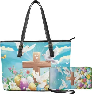 Coldinair Easter Handbag Tote Bag for Women Ladies Top Handle Purse and Wallet Set Leather Tote Purse for Women