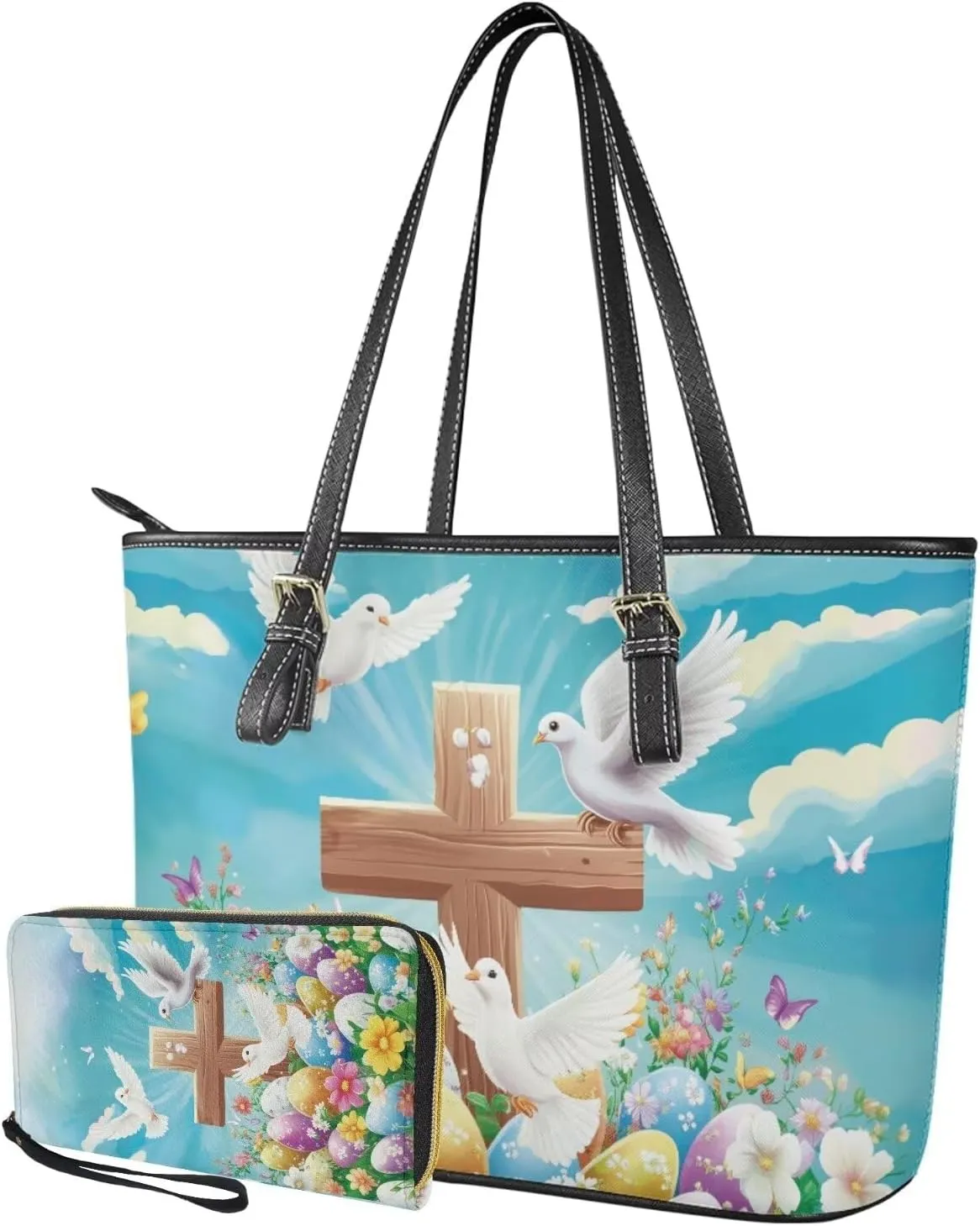 Coldinair Easter Handbag Tote Bag for Women Ladies Top Handle Purse and Wallet Set Leather Tote Purse for Women