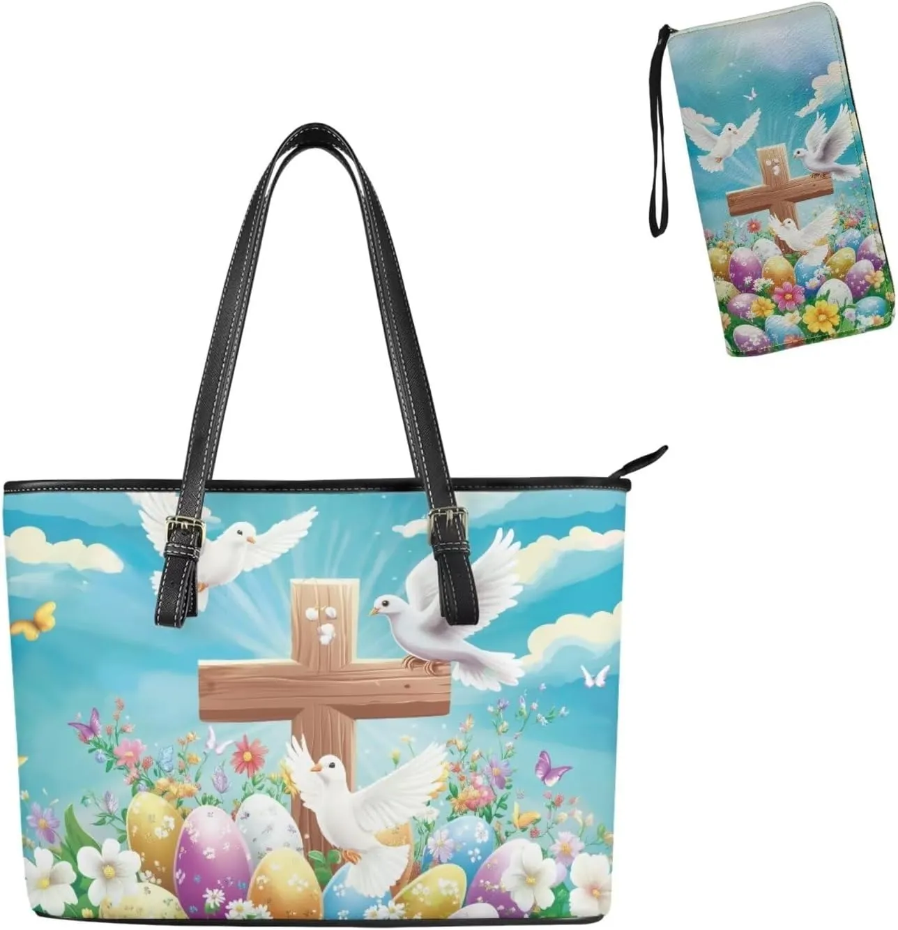 Coldinair Easter Handbag Tote Bag for Women Ladies Top Handle Purse and Wallet Set Leather Tote Purse for Women