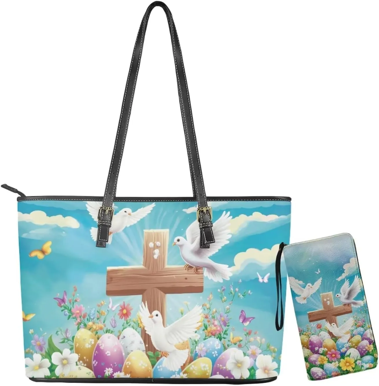 Coldinair Easter Handbag Tote Bag for Women Ladies Top Handle Purse and Wallet Set Leather Tote Purse for Women