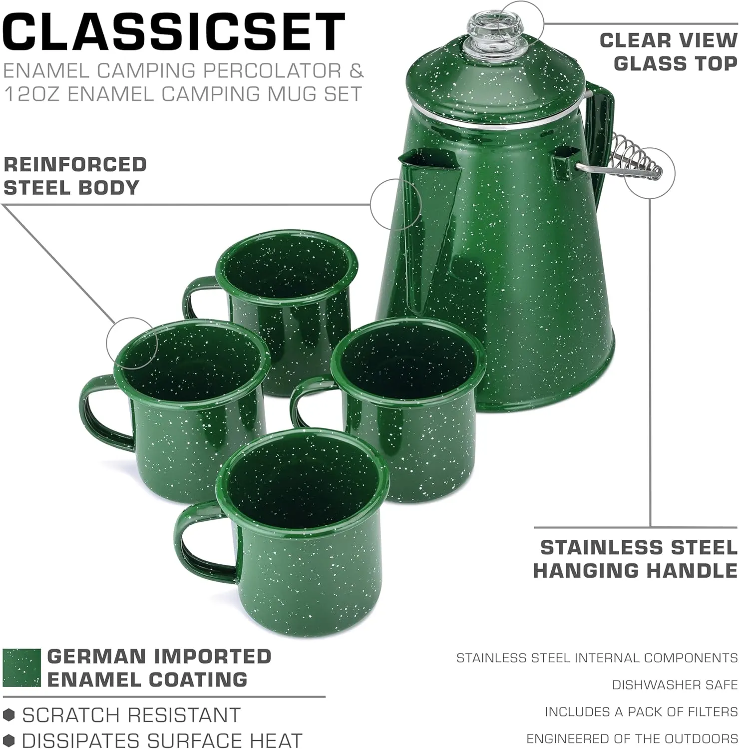 COLETTI Classic Camping Coffee Pot & Mug Set - Percolator Coffee Pot, Enamel Mug Complete Nostalgic Bundle German Imported Enamel Powder [12 oz, Set of 4] (Green)