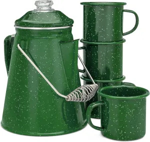 COLETTI Classic Camping Coffee Pot & Mug Set - Percolator Coffee Pot, Enamel Mug Complete Nostalgic Bundle German Imported Enamel Powder [12 oz, Set of 4] (Green)