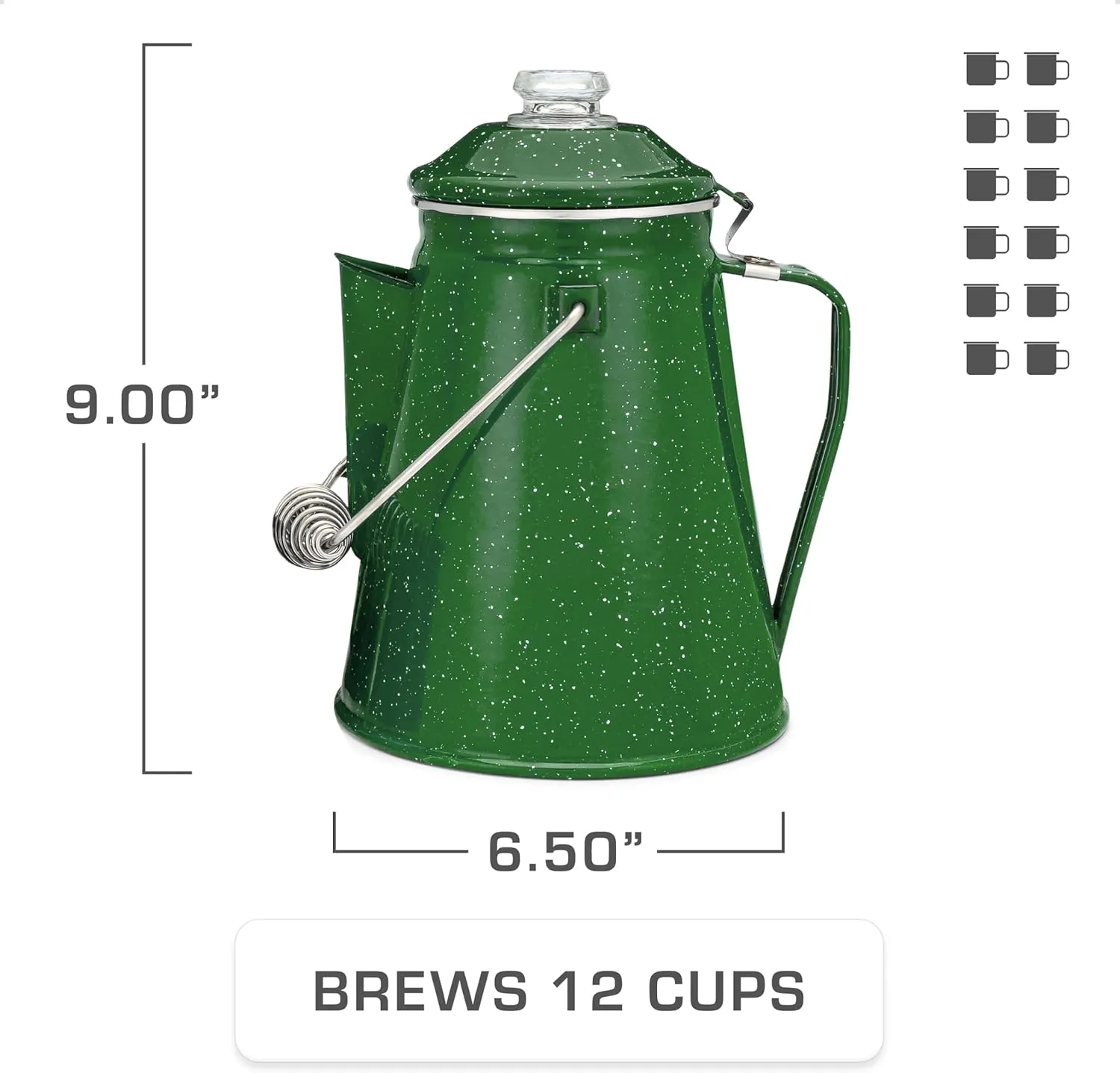 COLETTI Classic Camping Coffee Pot & Mug Set - Percolator Coffee Pot, Enamel Mug Complete Nostalgic Bundle German Imported Enamel Powder [12 oz, Set of 4] (Green)