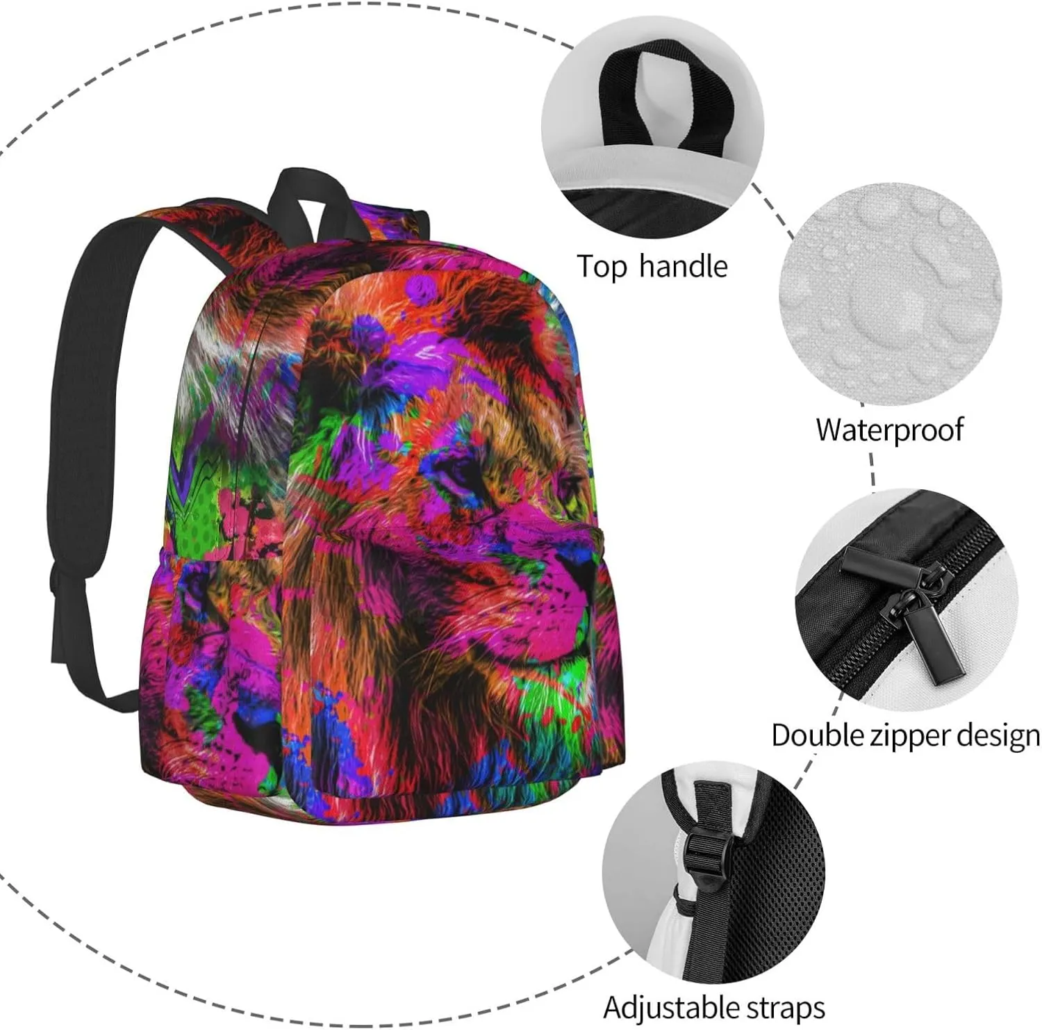 Colorful Artistic Lion Muzzle Bright Paint Splatters Laptop Backpack Shoulder Bag Laptop Pack Travel Backpacks Commuter Back Pack Casual Daypack Bags With Side Pockets