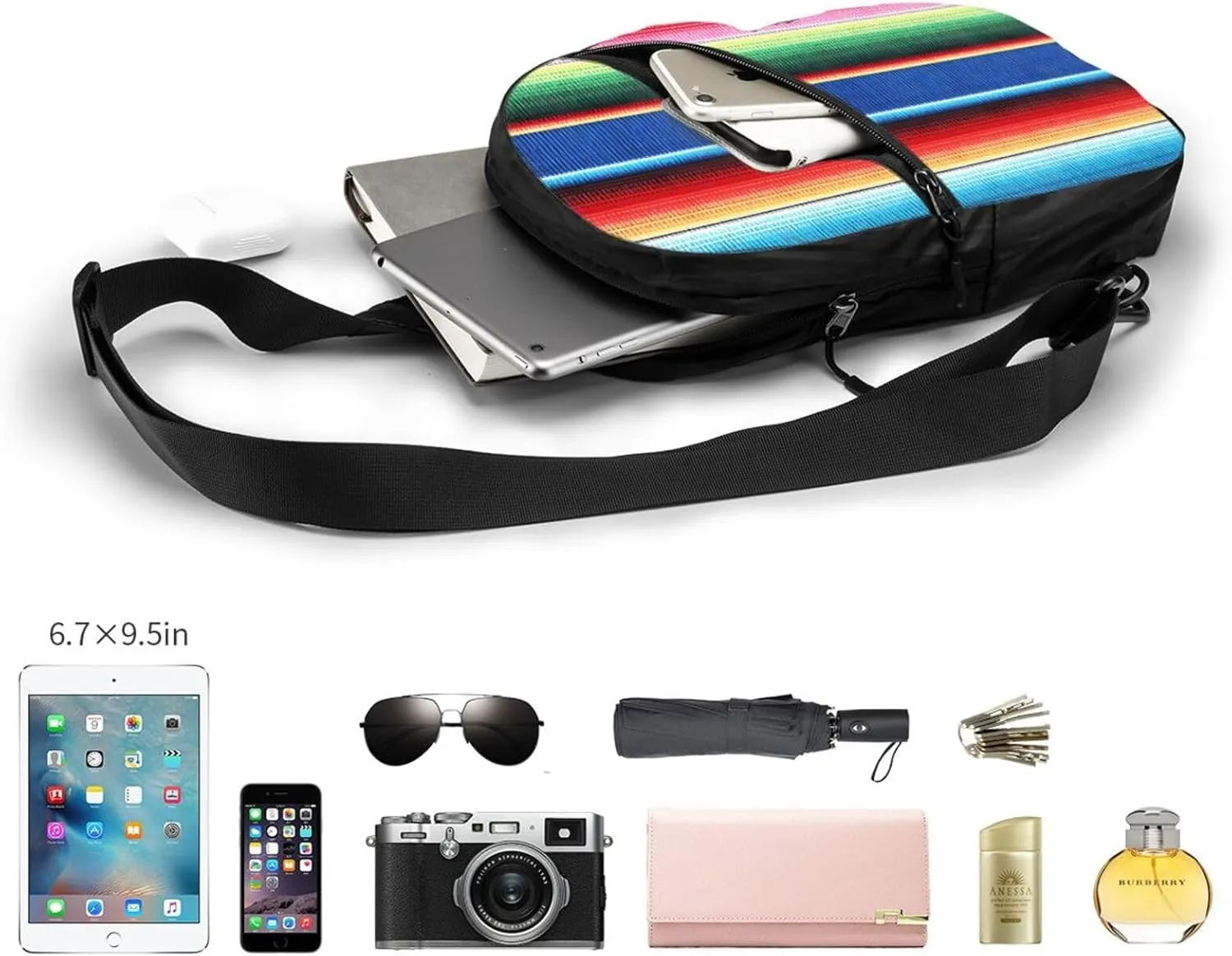 Colorful Mexican Stripes Crossbody Bag Portable Sling Bags Foldable Chest Daypack Reusable Sports Shoulder Backpack Diagonally Casual Rucksack Travel Bag