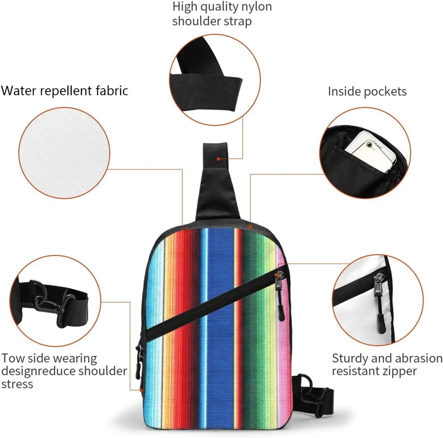 Colorful Mexican Stripes Crossbody Bag Portable Sling Bags Foldable Chest Daypack Reusable Sports Shoulder Backpack Diagonally Casual Rucksack Travel Bag