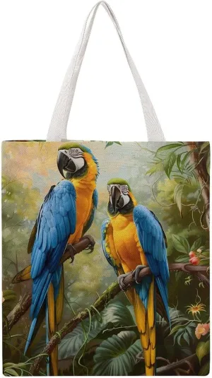 Colorful Parrot on Tree Branch Canvas Tote Bags Portable Shopping Grocery Bag Shoulder Handbag with Handles