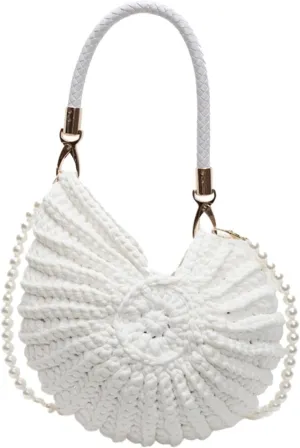 Conch Shape Shoulder Bag Handwoven Pearls Chain Crossbody Bags Solid Color Seashell Crochet Handbags Vacation Boho Clutch