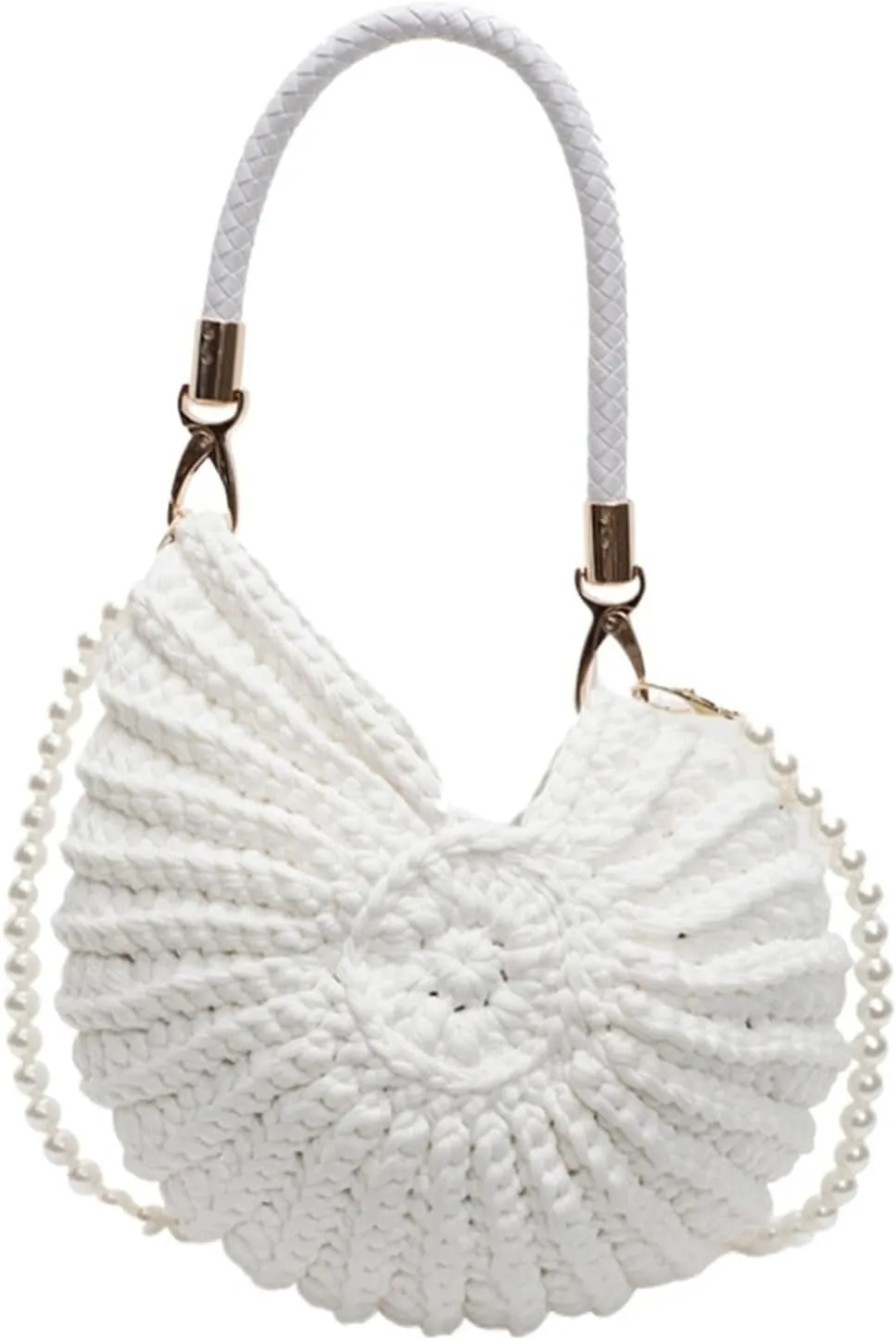 Conch Shape Shoulder Bag Handwoven Pearls Chain Crossbody Bags Solid Color Seashell Crochet Handbags Vacation Boho Clutch