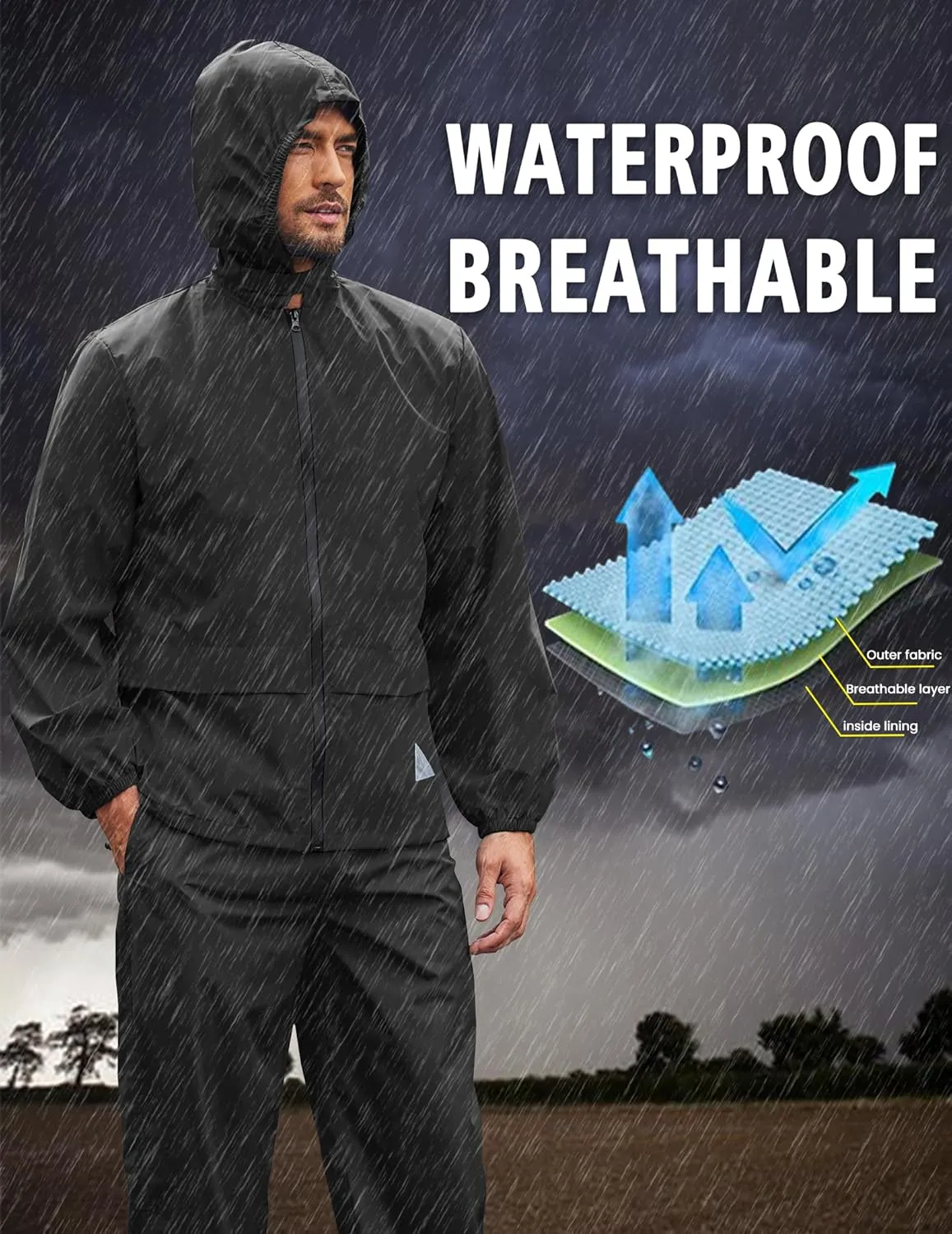 COOFANDY Men's Rain Suit 2 Piece Waterproof Breathable Rain Gear Lightweight Rain Jacket Pants Rainwear Suit