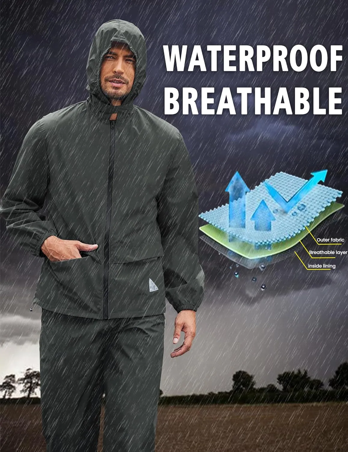 COOFANDY Men's Rain Suit 2 Piece Waterproof Breathable Rain Gear Lightweight Rain Jacket Pants Rainwear Suit