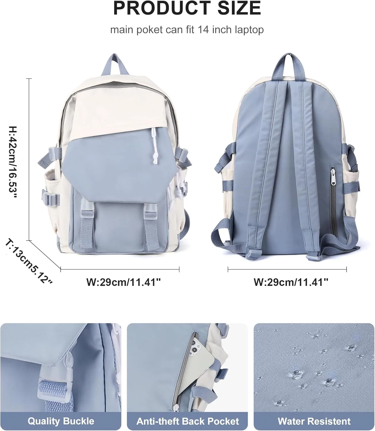 coowoz School Bag Lightweight Casual Daypack College Laptop Backpack for Men Women Water Resistant Travel Rucksack for Sports High School Middle Bookbag for girls(Blue white)