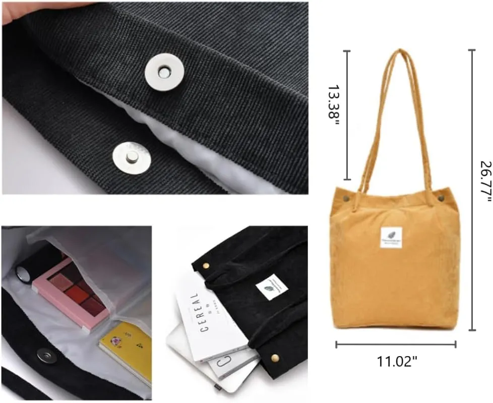 Corduroy Women Girl Lady Canvas Shoulder Cord Purse and Handbags with Inner Pockets