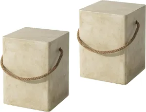 COSIEST Set of 2 Concrete Side Table, Rectangular Outdoor Side Table w Hemp Rope Handles,15''Patio Side Tables End Table, Outdoor Accent Side Table for Garden and Patio, Beige