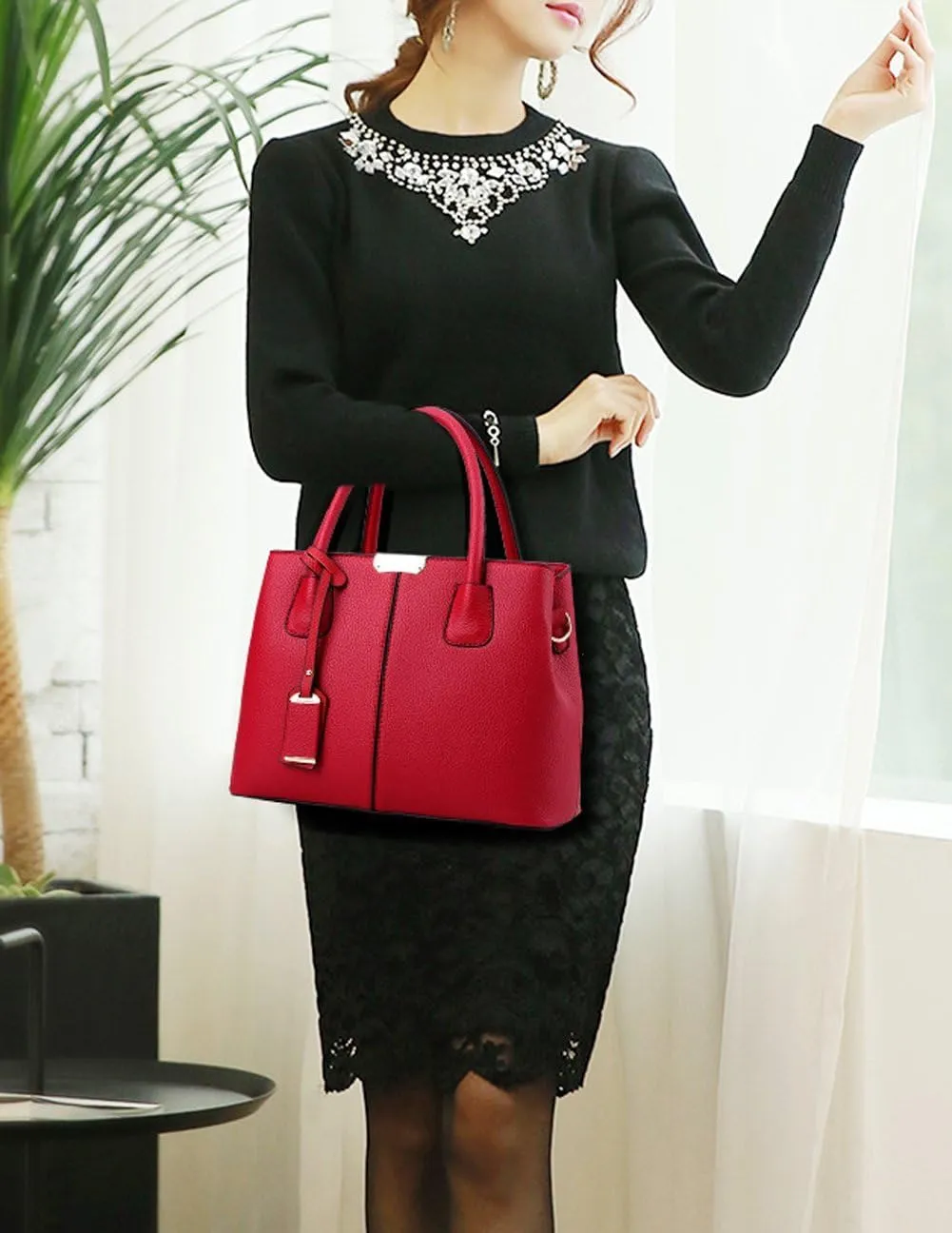 Covelin Women's Top-handle Cross Body Handbag Middle Size Purse Durable Leather Tote Bag