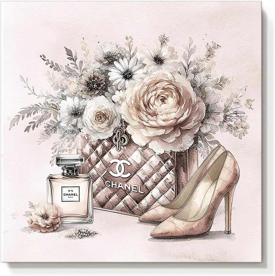 cozy country Chanel-Inspired Canvas Wall Art - 12x12 Inches Luxury Fashion Artwork Print, Featuring Perfume, Handbags, High Heels & Flowers, Perfect for Bathroom & Lady's Room Decor
