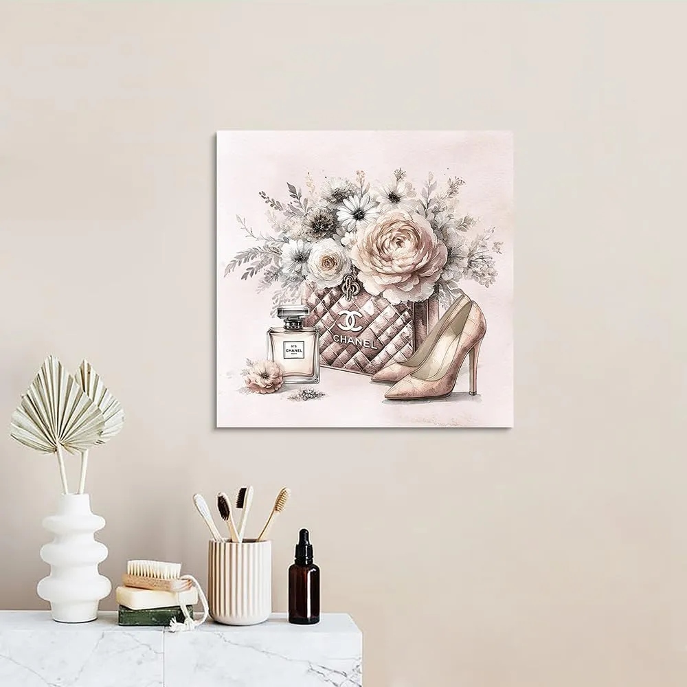 cozy country Chanel-Inspired Canvas Wall Art - 12x12 Inches Luxury Fashion Artwork Print, Featuring Perfume, Handbags, High Heels & Flowers, Perfect for Bathroom & Lady's Room Decor