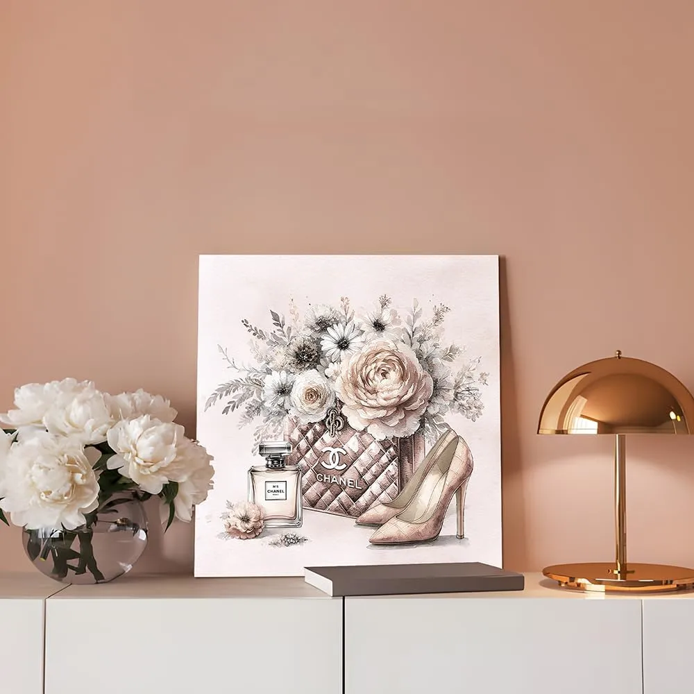 cozy country Chanel-Inspired Canvas Wall Art - 12x12 Inches Luxury Fashion Artwork Print, Featuring Perfume, Handbags, High Heels & Flowers, Perfect for Bathroom & Lady's Room Decor