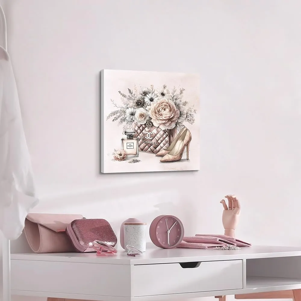 cozy country Chanel-Inspired Canvas Wall Art - 12x12 Inches Luxury Fashion Artwork Print, Featuring Perfume, Handbags, High Heels & Flowers, Perfect for Bathroom & Lady's Room Decor